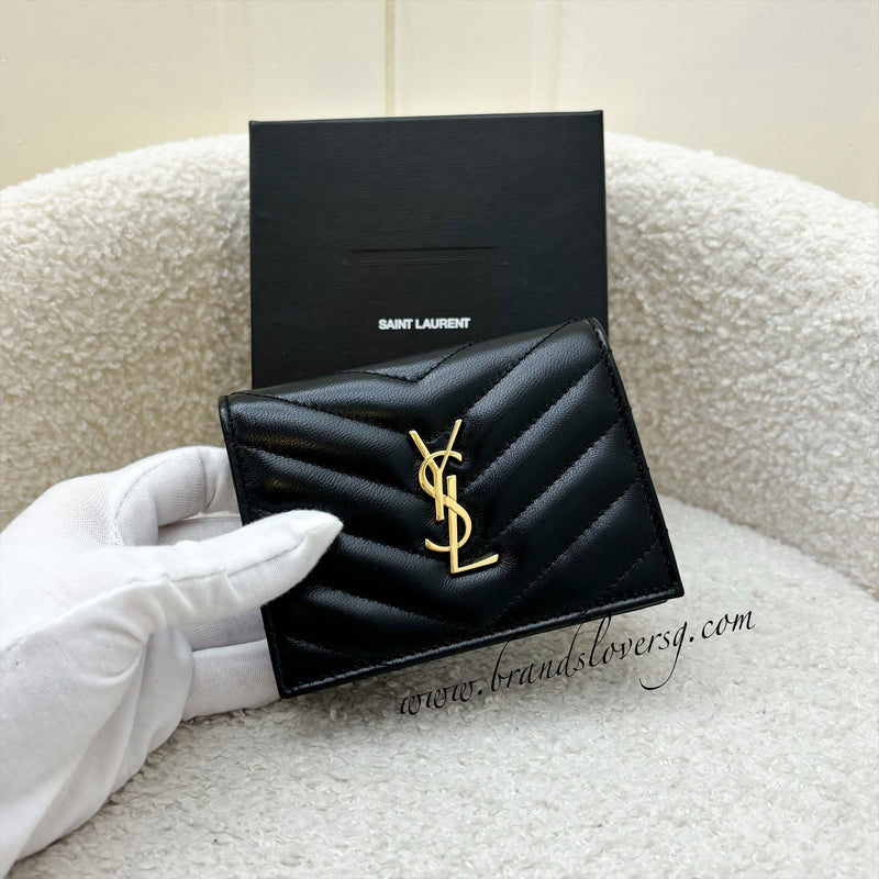 Saint Laurent Cassandre Metelasse Flap Card Case in Black Lambskin and GHW