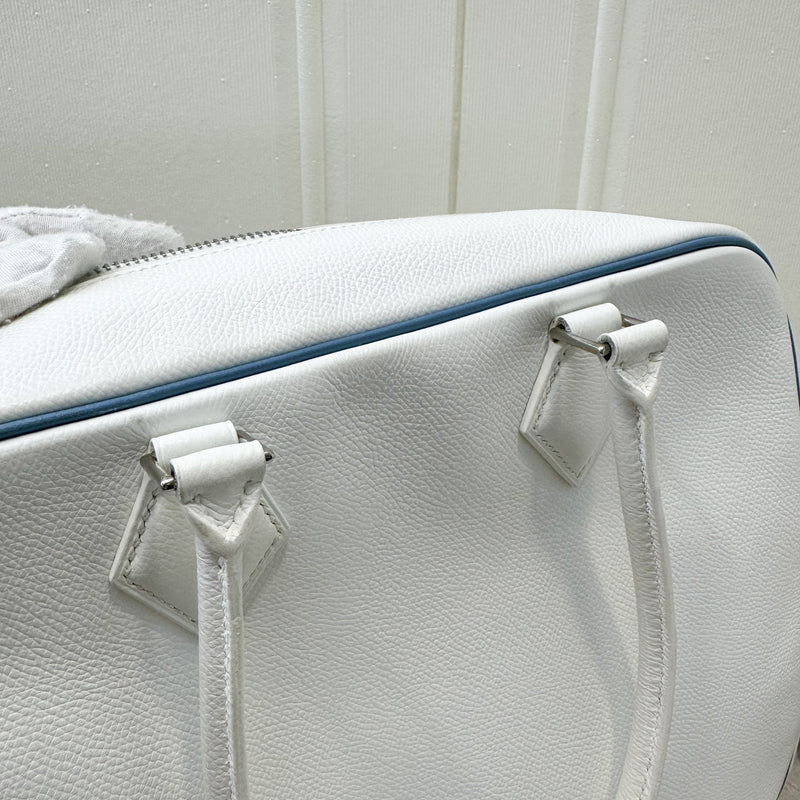 Hermes Vintage Plume 28 White Epsom Leather, Blue Trim and PHW