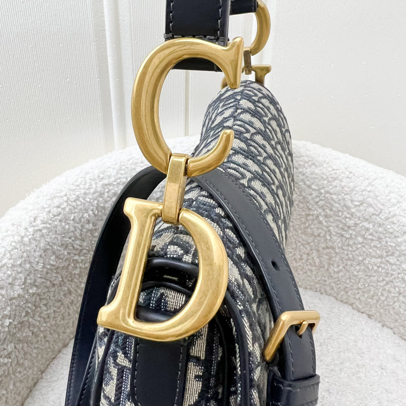 Dior Medium Saddle Bag in Navy Oblique Canvas and AGHW (With Strap)