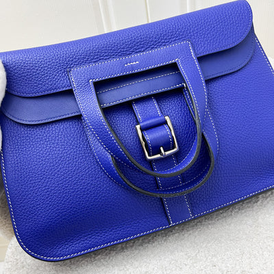 Hermes Halzan 31 in Bleu Electrique Clemence Leather and PHW