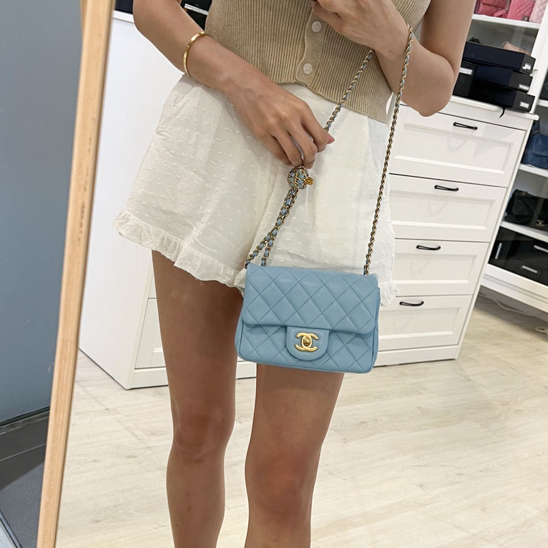 Chanel 22S Pearl Crush Mini Square Flap in Sky Blue Lambskin and AGHW