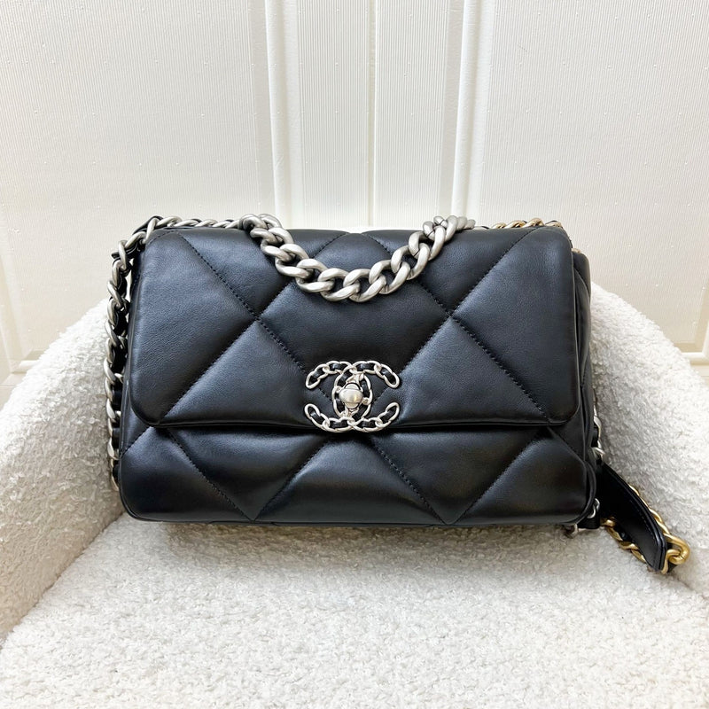 Chanel 19 Small Flap in Black Lambskin and 3-tone Hardware, Silver Turnlock (Model: AS1160)