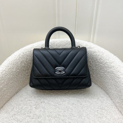 Chanel Mini 19cm So Black Coco Handle Flap in Chevron Black Caviar and Black HW