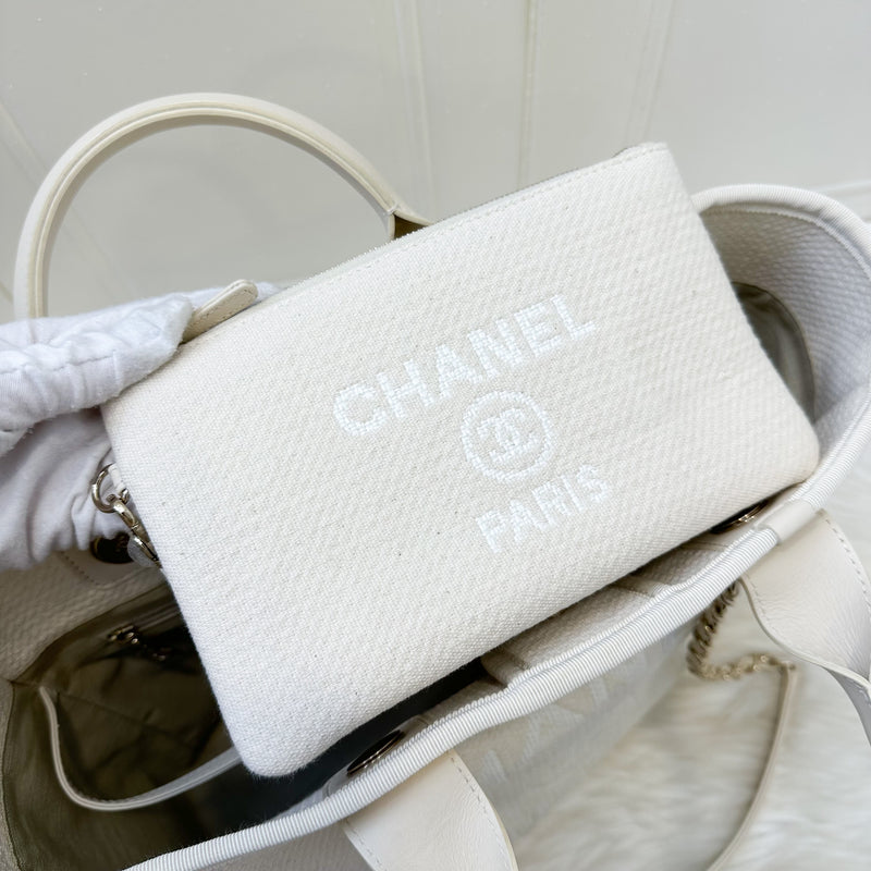 Chanel Small / Medium Deauville Shopping Tote in 23C Cream Beige Fabric and LGHW