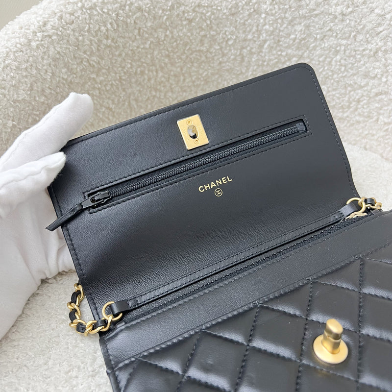 Chanel Pearl Crush Wallet on Chain WOC in 23K Black Stiff Lambskin and AGHW