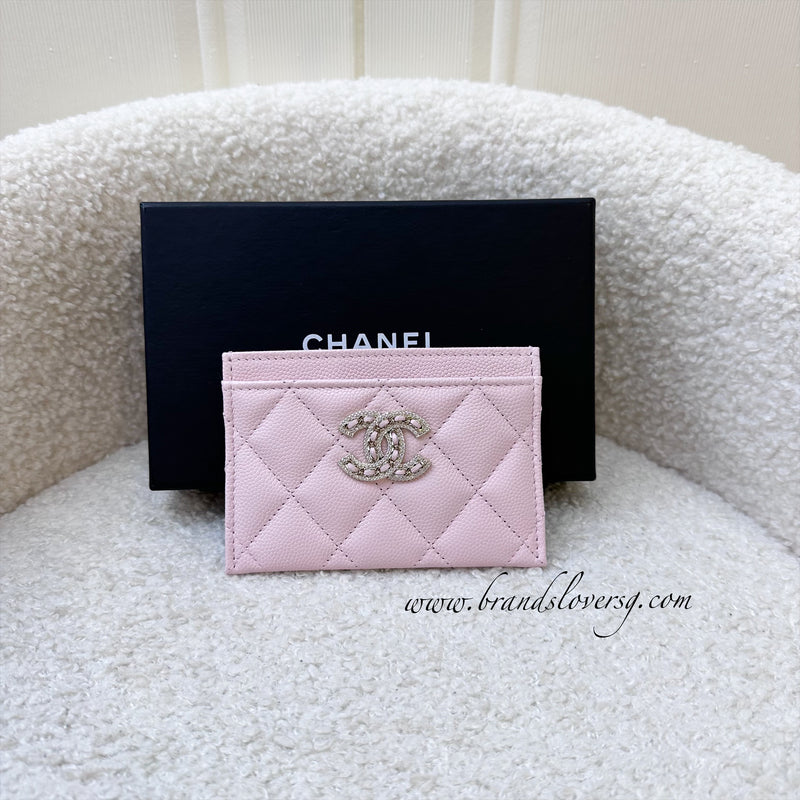 Chanel 22S Flat Card Holder in Pink Caviar and Crystals Studded Logo