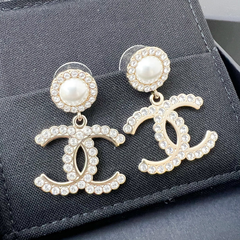 Chanel 20B Medium CC Logo Dangling Earrings with Diamantes and Pearls LGHW