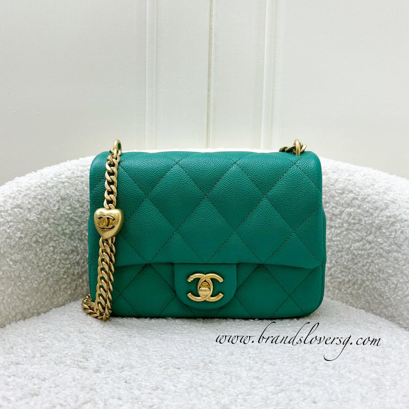 Chanel 23P Heart Adjustable Chain Small / Mini 20cm Flap Bag in Green Caviar AGHW