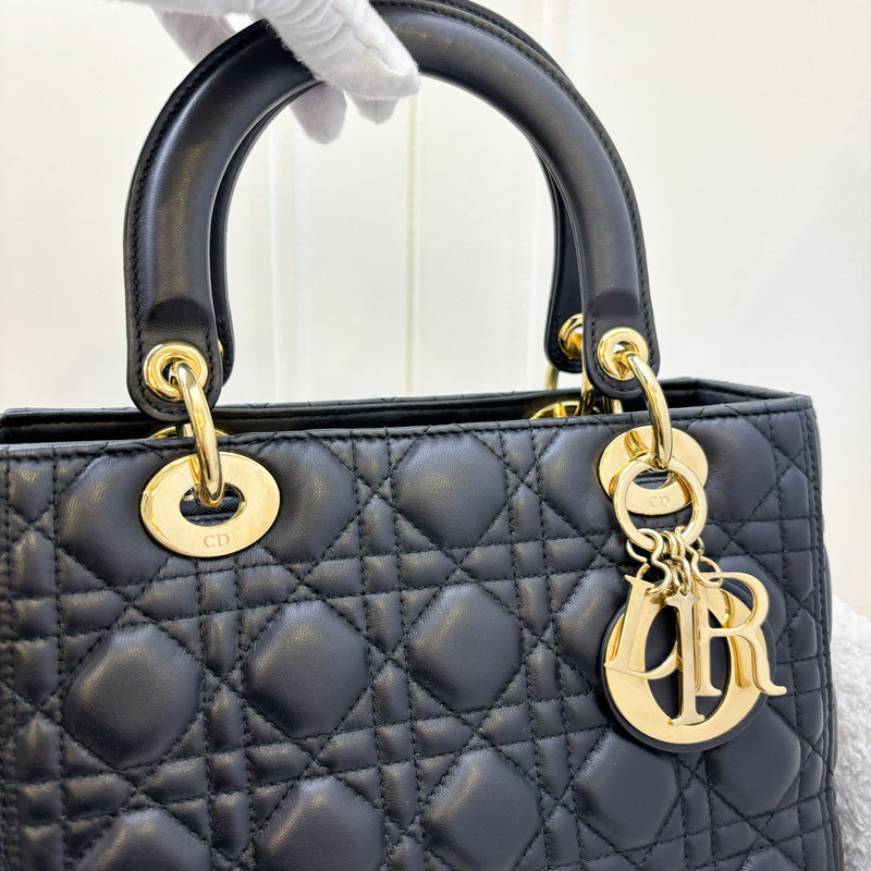 Dior Medium Lady Dior in Black Lambskin and GHW (New Version with Adjustable Strap)