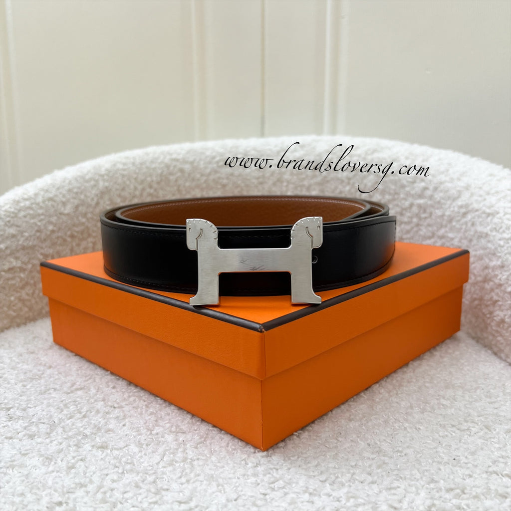 Hermes PHW H Belt Buckle with Reversible Leather Strap in Gold Black