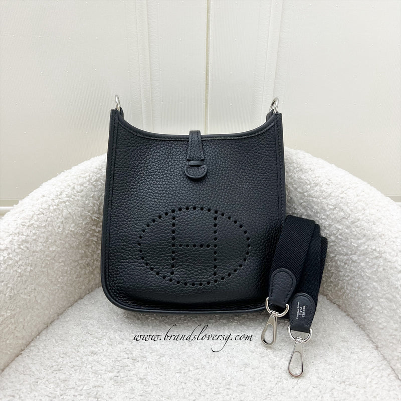 Hermes Mini Evelyne 16 in Noir Black Clemence Leather, Canvas Strap and PHW