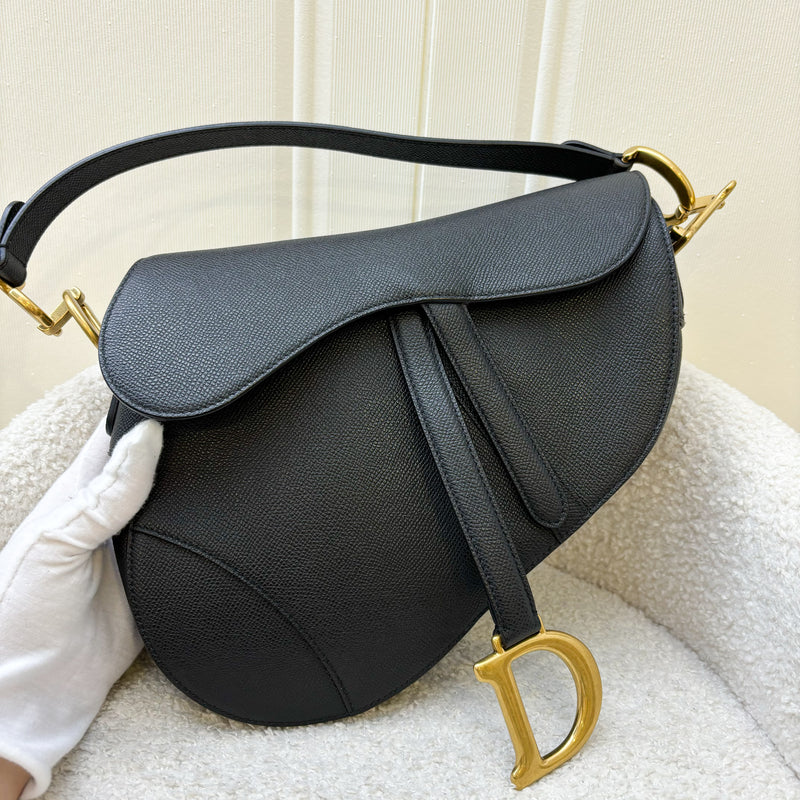 Dior Medium Saddle Bag with Strap in Black Grained Calfskin and AGHW (With Additional Canvas Strap)