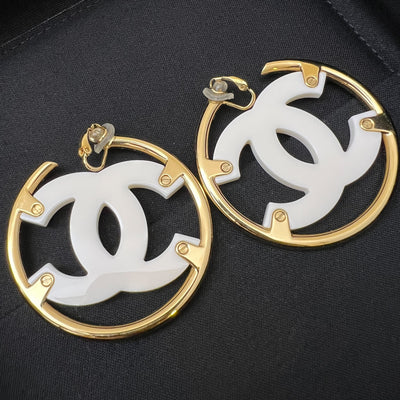 Chanel 24S Large CC Logo Hoop Clip-on Earrings with White Enamel in GHW