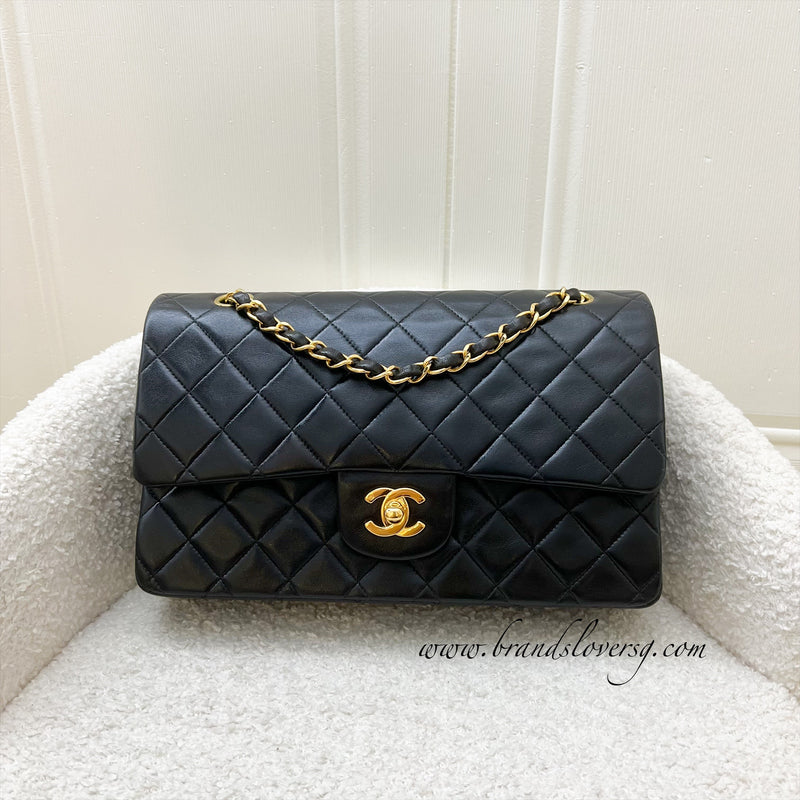 Chanel Vintage Medium Classic Flap CF in Black Lambskin and 24K Plated GHW