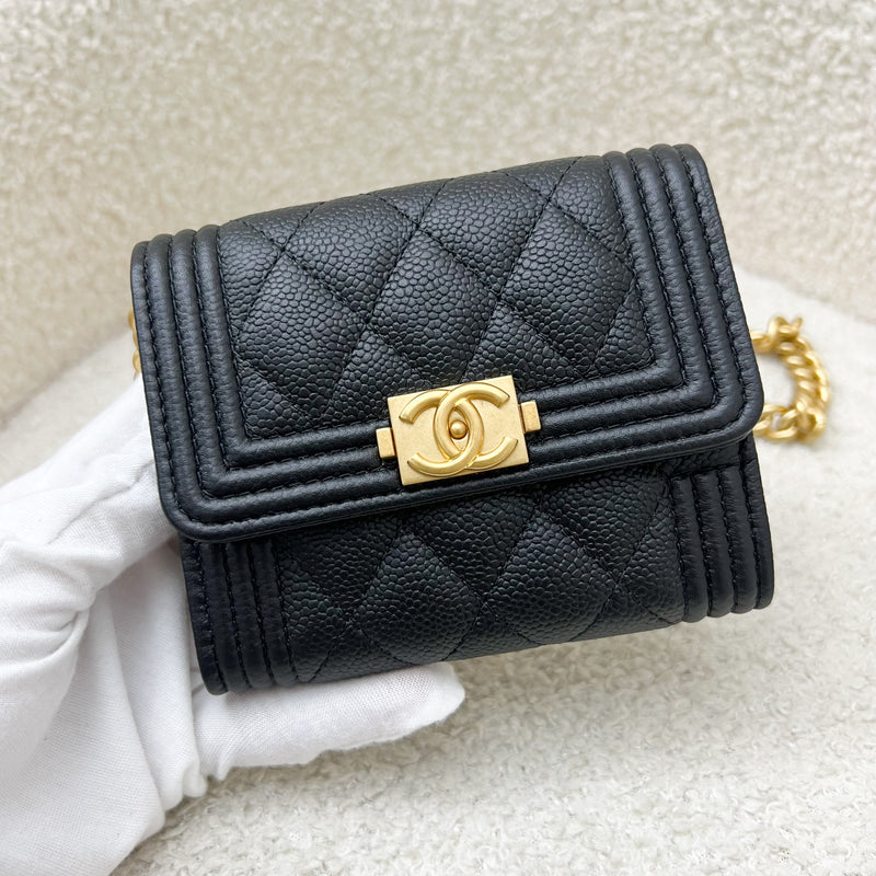 Chanel Boy Card Holder / Micro Clutch on Chain in Black Caviar AGHW