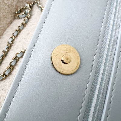 Chanel 24P Wallet on Chain with Pearl CC Logo in Baby Blue Glossy Lambskin and LGHW