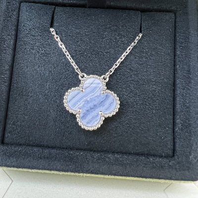 [Kept Unused] Van Cleef & Arpels VCA Vintage Alhambra Pendant Necklace with Chalcedony Stone in 18K White Gold (Ref: VCARD34900)