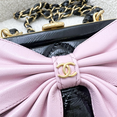 Chanel 24A Ribbon Clutch with Chain in Black Patent Crumpled Lambskin, Pink Shiny Lambskin and AGHW