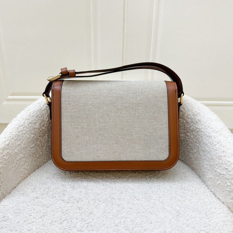 Celine Classique Triomphe Bag in Natural Textile and Tan Calfskin and GHW