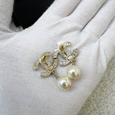 Chanel Classic CC Logo Dangling Earrings with Crystals and Pearls