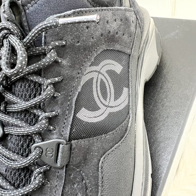 Chanel 23S CC Logo Sneakers in Black Fabric, Suede Calfskin and Mesh Size 37.5