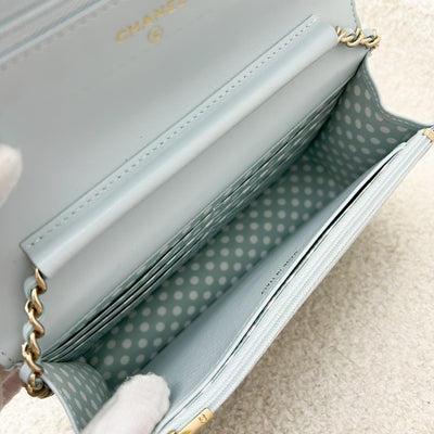 Chanel 24P Wallet on Chain with Pearl CC Logo in Baby Blue Glossy Lambskin and LGHW