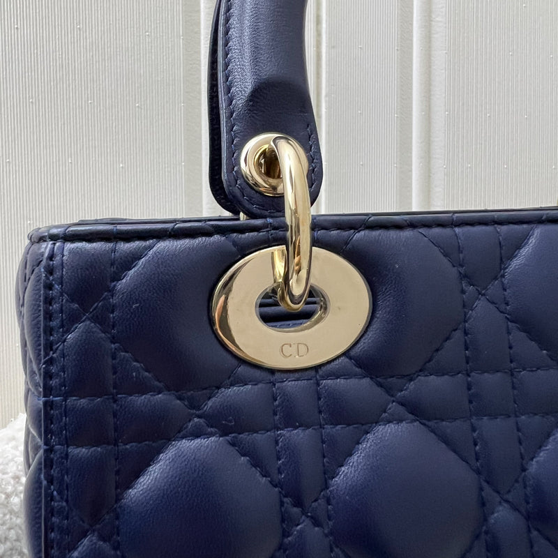 Dior Medium Lady Dior in Navy Lambskin and LGHW (Newer Version with Adjustable Strap)