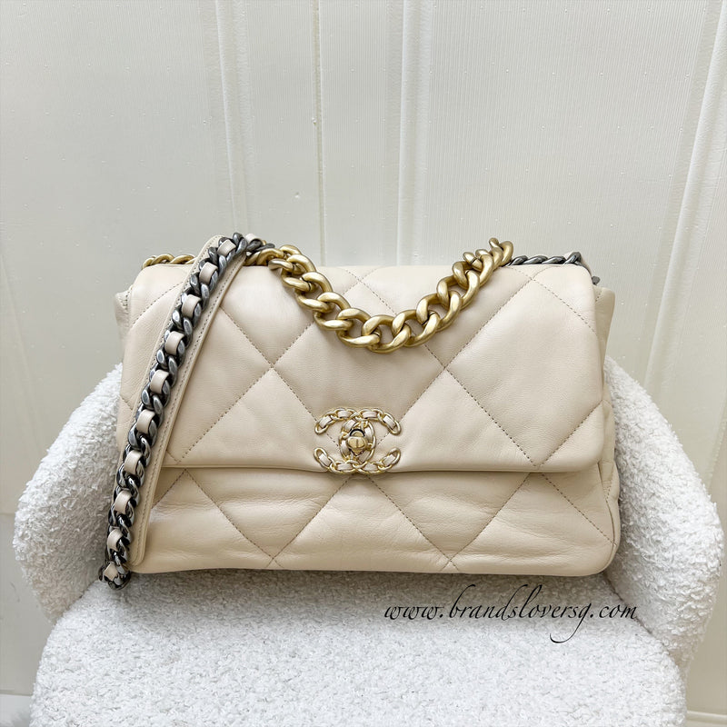 Chanel 19 Medium Flap in Light Beige Lambskin and 3-Tone Hardware