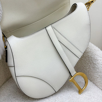 Dior Medium Saddle Bag in White Grained Calfskin and AGHW