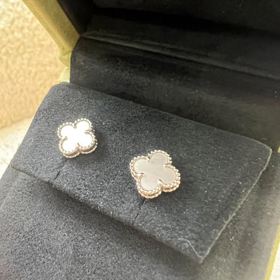 Van Cleef & Arpels VCA Sweet Alhambra Ear Studs with Mother of Pearl MOP in 18K White Gold