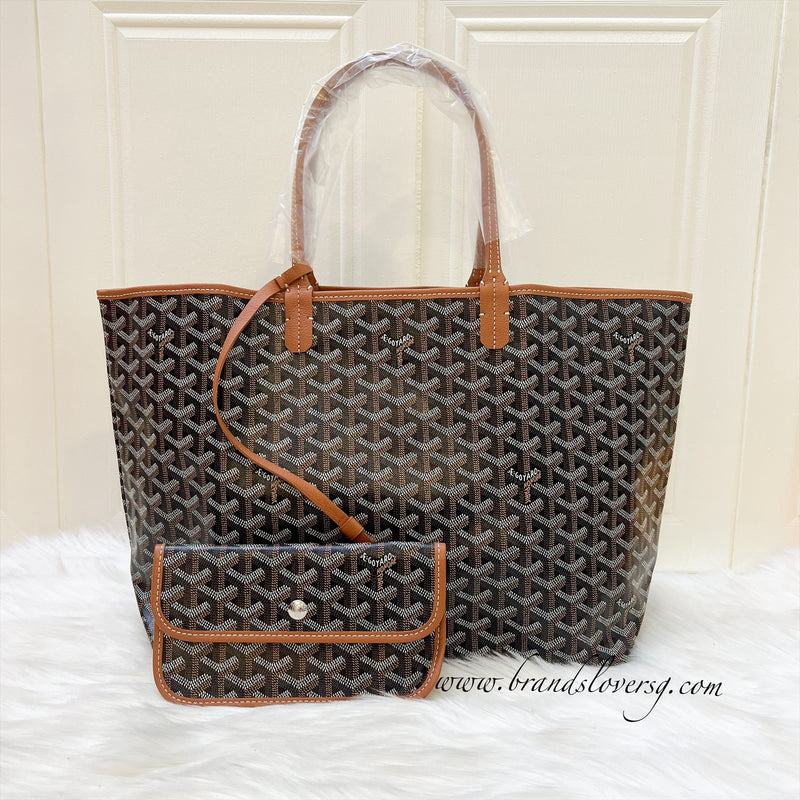 Goyard Saint Louis PM Tote in Black Signature Goyardine Canvas and Brown Trim