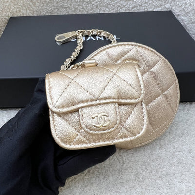 Chanel 2024 VIP Gift Round Pouch and Airpods Holder Bag Charm in Metallic Gold Lambskin and LGHW