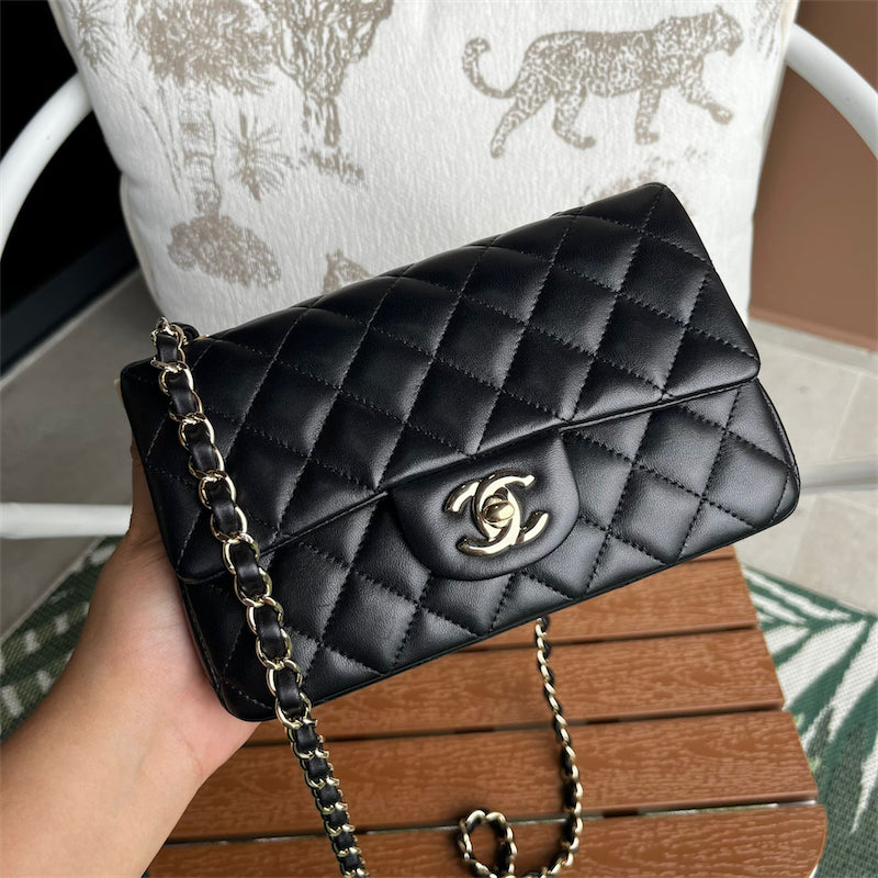 Chanel Classic Mini Rectangle Flap in Black Lambskin and LGHW