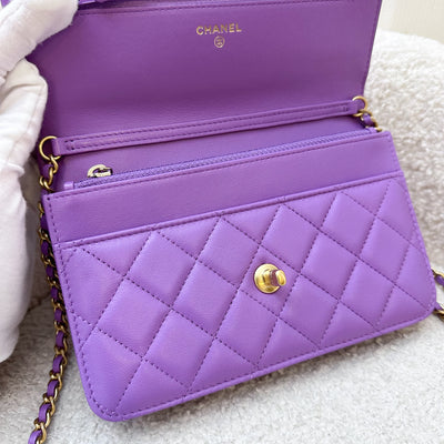 Chanel 22S Pearl Crush Wallet on Chain WOC in Purple Lambskin and AGHW