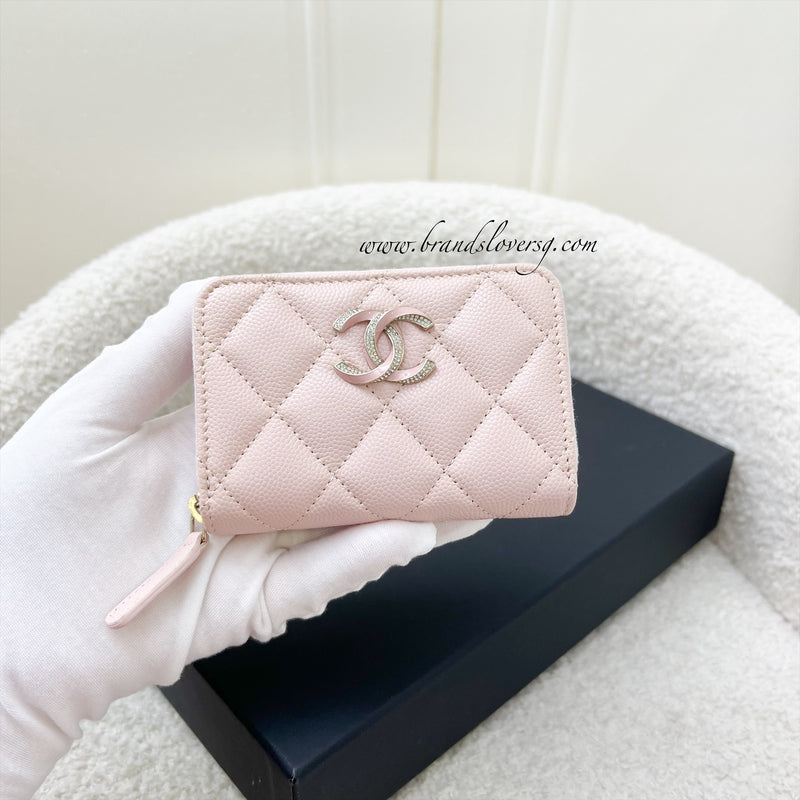 Chanel 23P Zippy Card Holder / Coin Purse in Light Pink Caviar, Crystals Logo and SHW