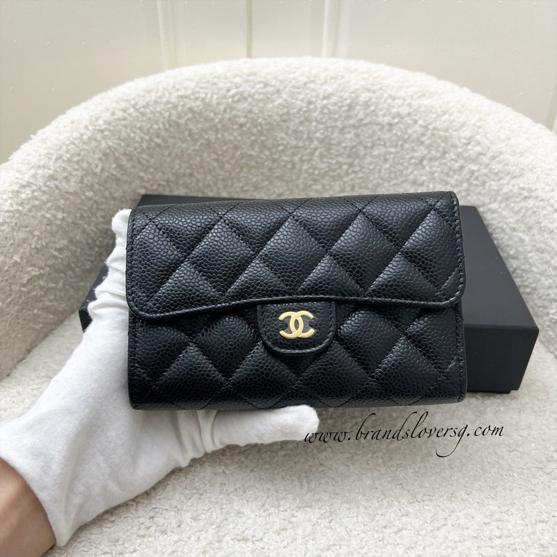 Chanel Classic Medium Trifold Wallet in Black Caviar and LGHW