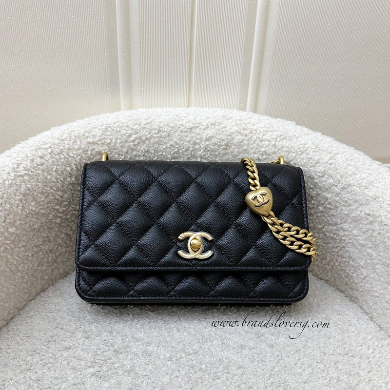 Chanel 24P Heart Adjustable Chain Wallet on Chain WOC in Black Caviar and AGHW