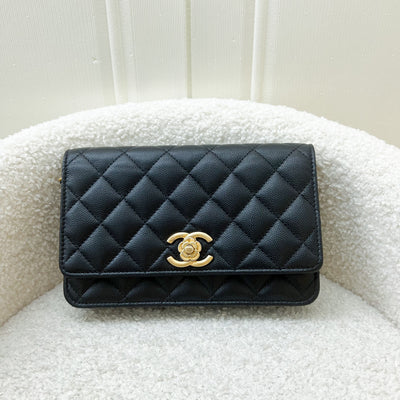 Chanel 23K Camellia Wallet on Chain WOC with Charms in Black Caviar and AGHW
