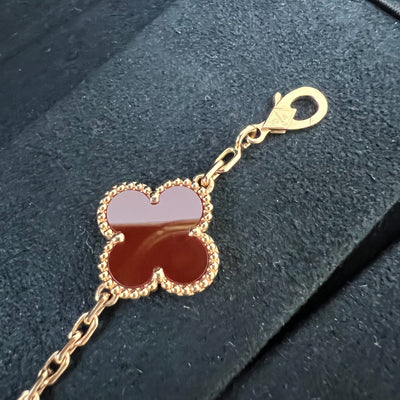 Van Cleef & Arpels VCA Vintage Alhambra 5 Motifs Guilloché Bracelet with Carnelian in 18K Rose Gold (Shortened, with Extra Links)