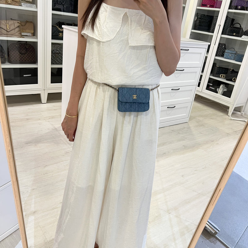 Chanel 22C Pearl Crush Flap Coin Purse / Card Holder in Denim and AGHW