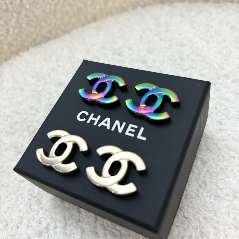 Chanel 18C CC Double Changeable Classic Logo Earrings in LGHW and Rainbow HW