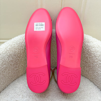 Chanel Ballerina Pumps in Hot Pink Lambskin and Patent Leather with Chanel Logo Dangling Charm Sz 36