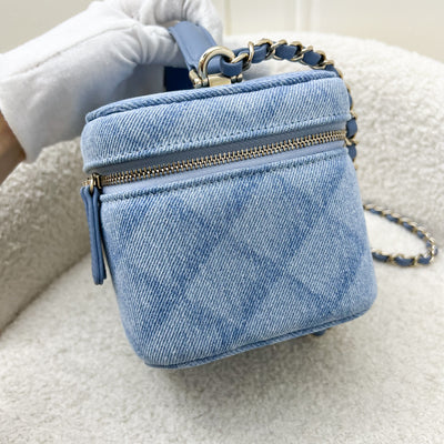 Chanel 22B Cheer for Chanel Vanity Case with Top Handle in Light Blue Denim Fabric and AGHW