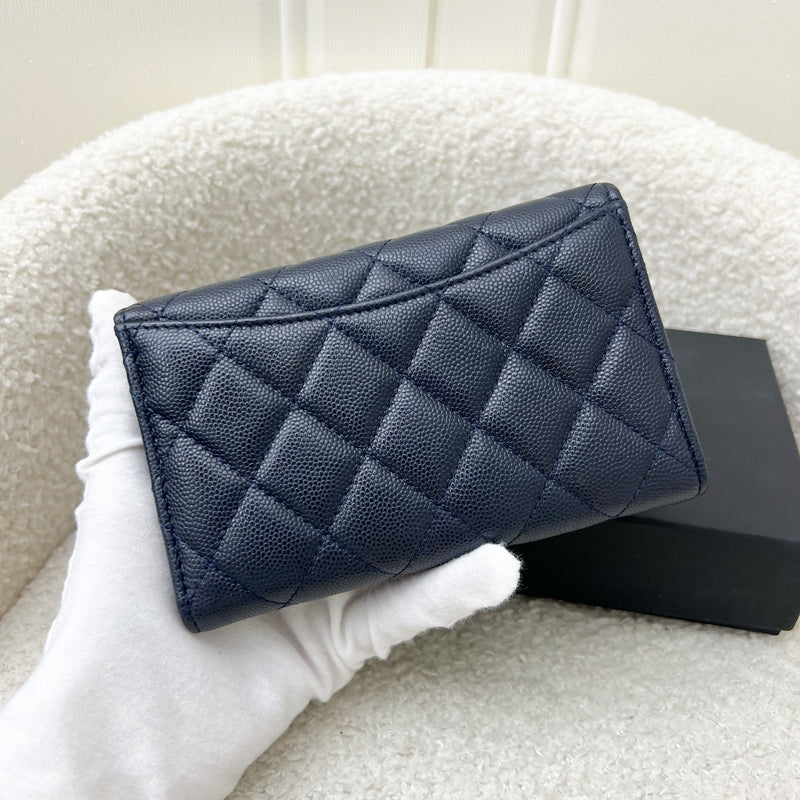 Chanel Classic Medium Trifold Wallet in Navy Caviar and LGHW