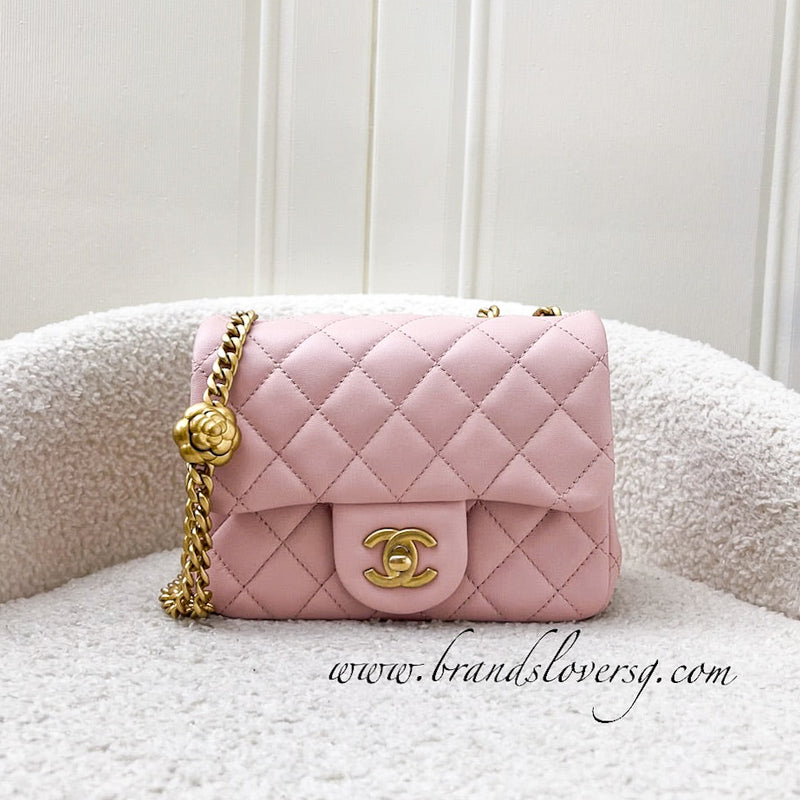 Chanel 23S Camellia Adjustable Chain Square Mini Flap Bag in Sakura Pink Lambskin and AGHW