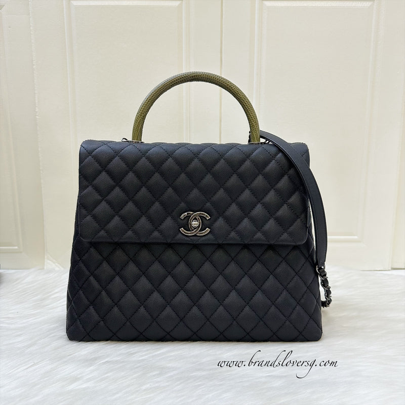 Chanel Large 32cm Coco Handle Flap with Green Lizard-Embossed Calfskin Handle in Black Caviar and RHW