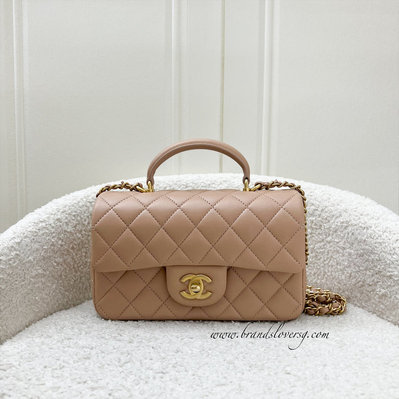 Chanel Top Handle Mini Rectangle Flap in 21A Rose Beige Lambskin in AGHW