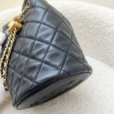 Chanel 22S New Pearl Crush Bucket Bag in Black Lambskin and AGHW