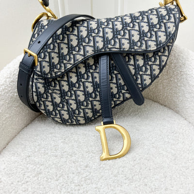 Dior Medium Saddle Bag in Navy Oblique Canvas and AGHW (With Strap)