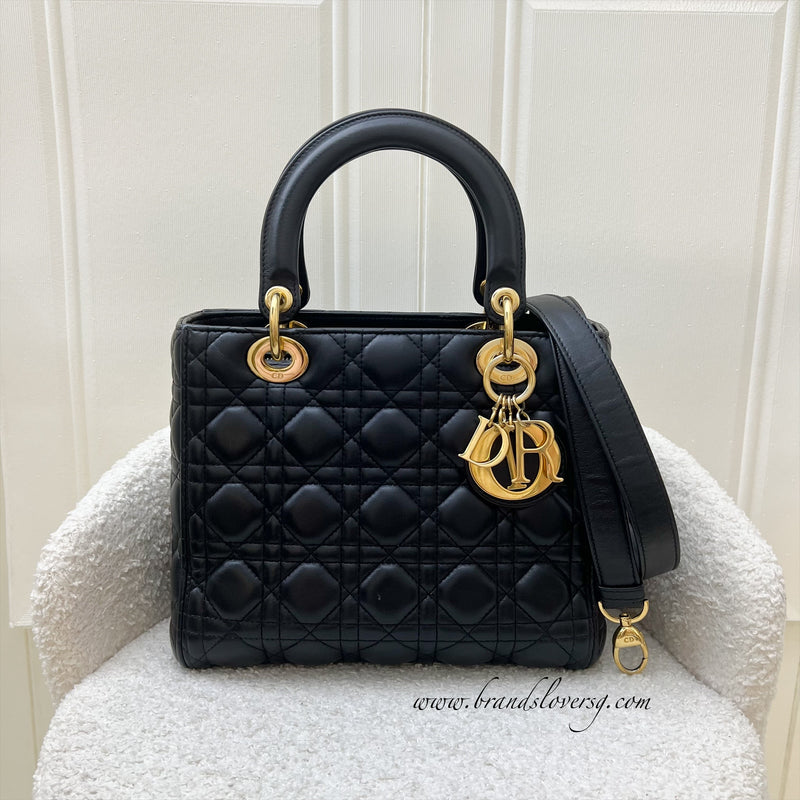 Dior Medium Lady Dior in Black Lambskin and GHW (Newer Version with Adjustable Strap)